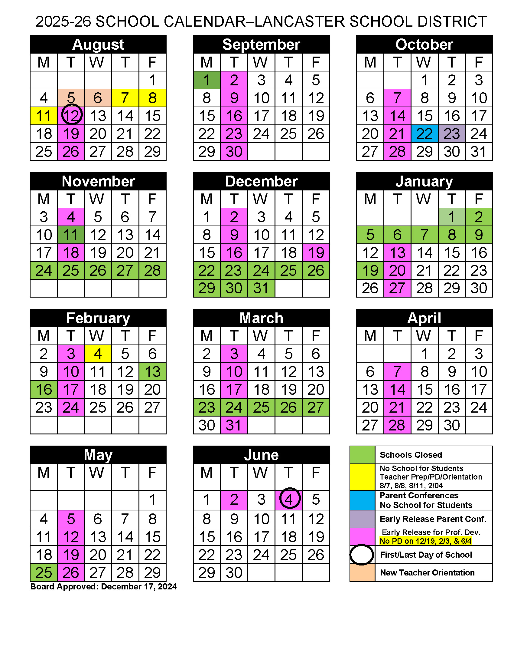 The 2025–2026 Lancaster School District calendar outlines important dates for the academic year, including the first and last day of school, school holidays, non-student days, early release days, and parent-teacher conference days.